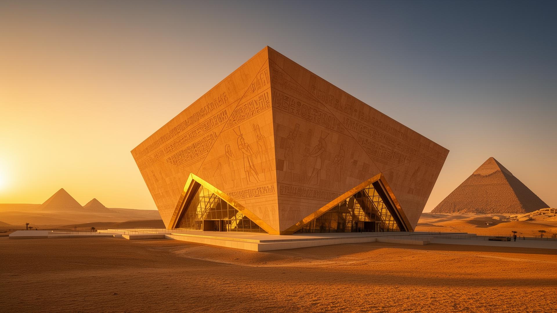 Grand Egyptian Museum at golden hour with the pyramids of Giza